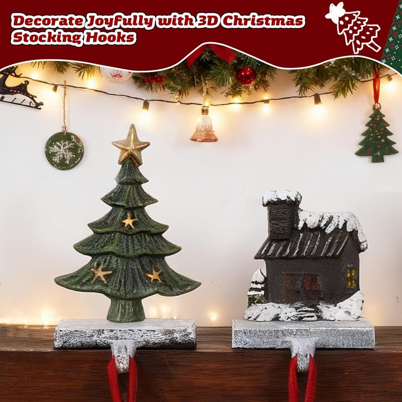 IGOHEALS Stocking Holders for Mantle – 3D Christmas Stocking Holder Heavy Duty Cast Iron Garland Hangers for Mantel with Non-Slip Base | Xmas Decor, Sturdy Fireplaces Hook (Tree and Cottage) - Image 5